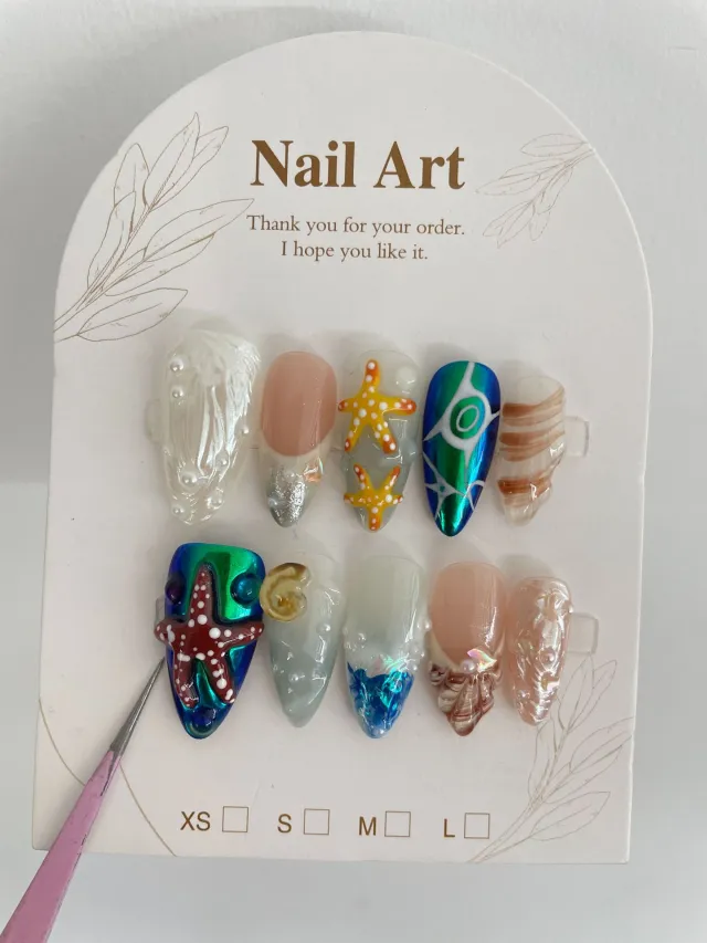 Hand painted Happy Underwater World White Advanced Long Manicure Almond - Shop at LoveMi