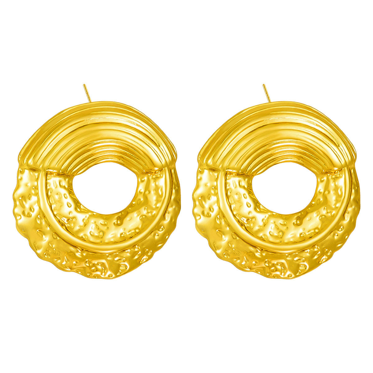 18k Gold Stainless Steel Earrings With A Crinkled Hammered Finish Featuring Hollowed out Circular Hoops Earrings