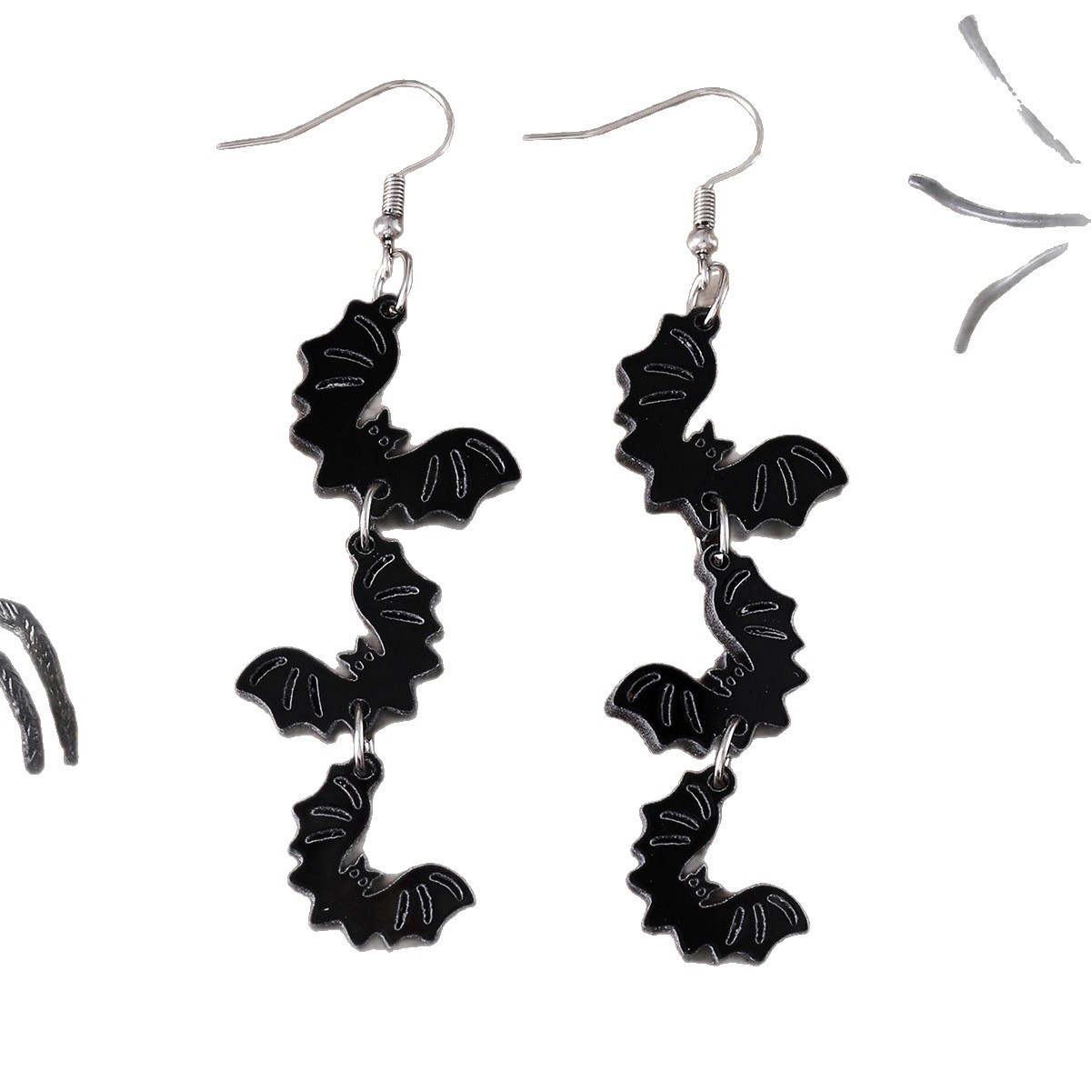 Halloween White Ghost And Black Bat Triptych Earrings