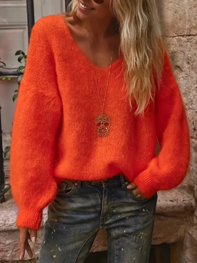 Pullover Solid Color Idle Style Loose Sweater Top Orange - Shop at LoveMi