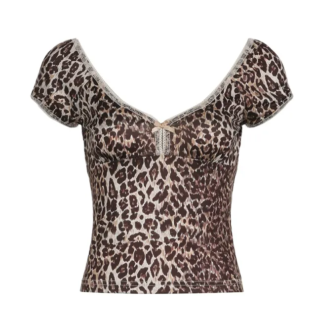 Leopard Print Butterfly Hollow out Short Sleeve Knot Waist Show Umbilical Top Leopard - Shop at LoveMi