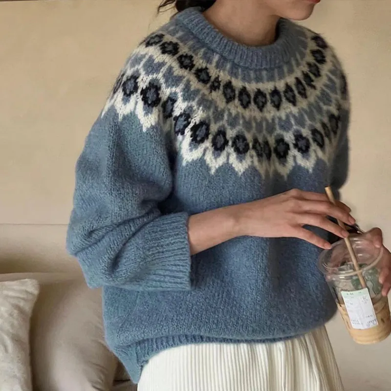 Ethnic Style Pullover Leisure All-matching Knitted Sweater - Blue