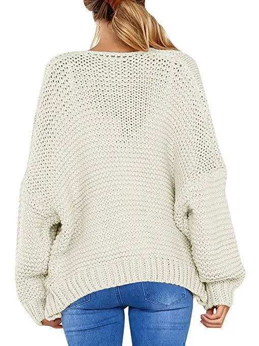 Women's Solid Color Thick Needle Loose Plus Size Knitwear Sweater Twist Cardigan White - Shop at LoveMi