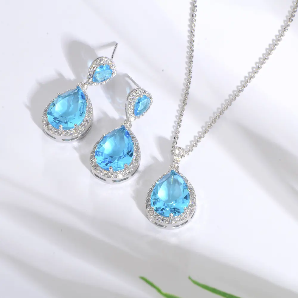 Bright Big Zircon Water Drops Necklace Eardrops Suit Bride