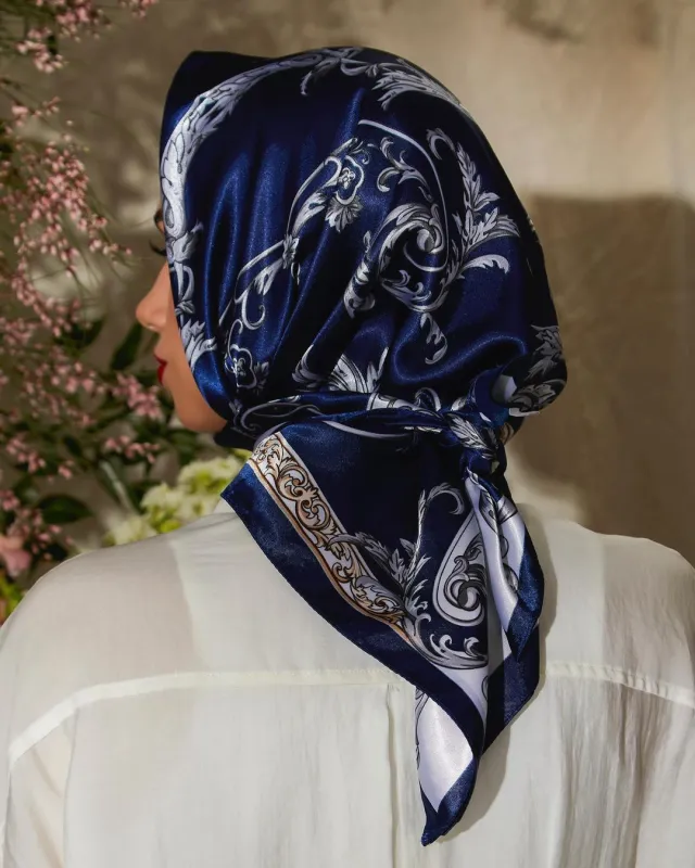Chain Printed Scarf Women's Casual Scarf 90 90cm Satin Large Kerchief Navy Blue Flowers - Shop at LoveMi