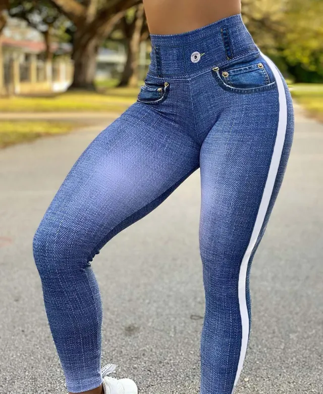 Women's Quick drying Skinny Running Imitation Denim Yoga Pants Light Blue - Shop at LoveMi