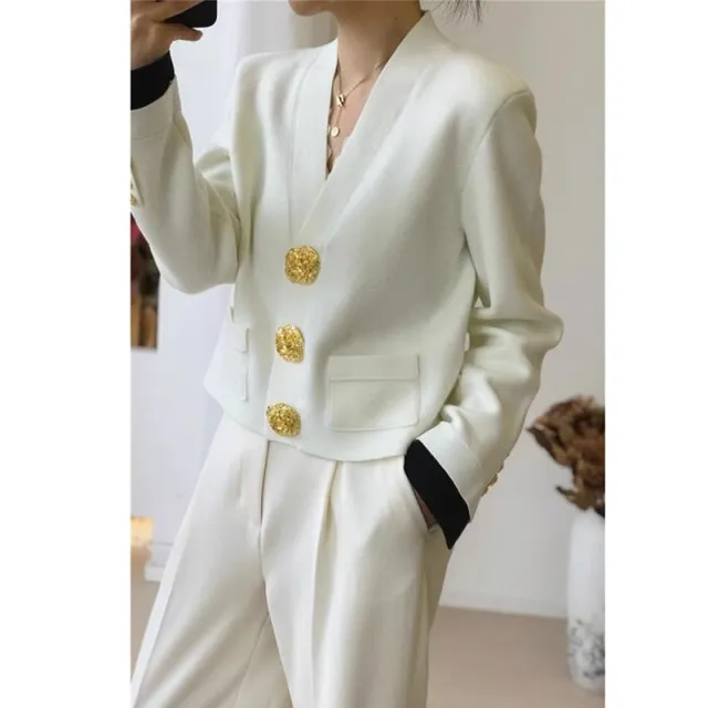 Light Luxury High grade Knitted Cardigan Golden Buckle V neck Coat White - Shop at LoveMi