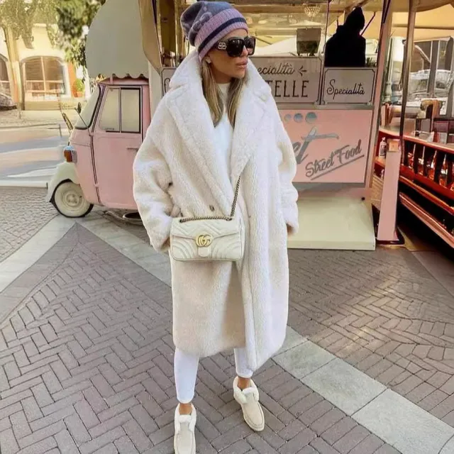 Lapel Lamb Fleece Coat With Pockets Faux Fur Coat Winter Warm Thickening Long Windbreaker Women's Clothing White - Shop at LoveMi