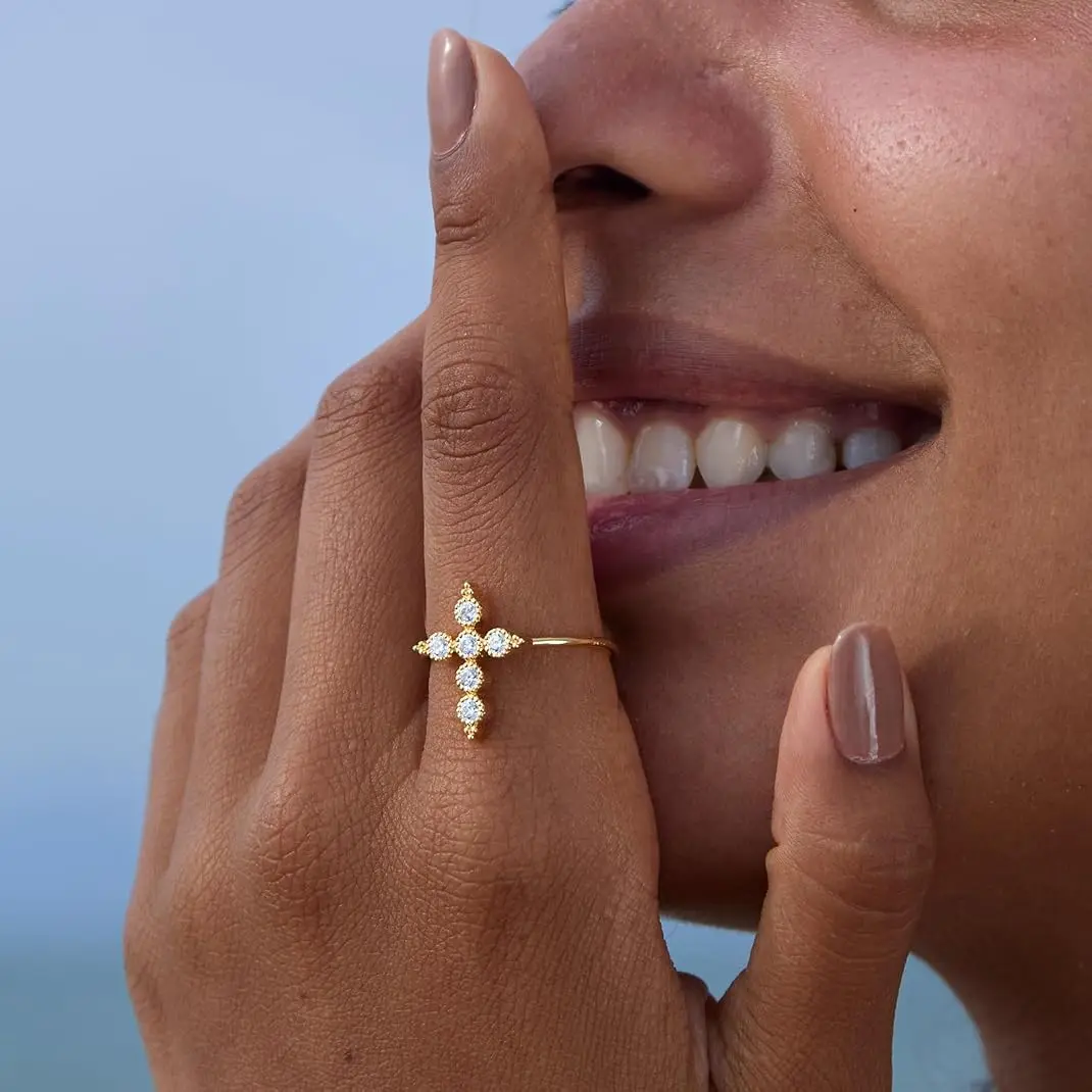 S925 Sterling Silver Zircon Cross Ring