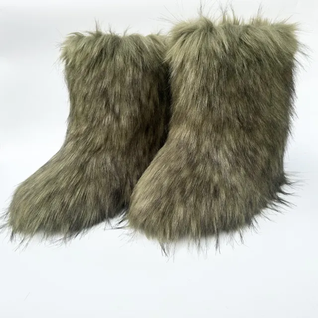 Thickened Plus Size Mid calf Furry Fur Clothing Snow Boots Green - Shop at LoveMi
