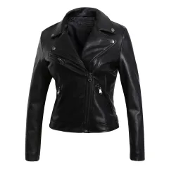 European And American Tassel Oblique Zipper Leather Women's Slim Coat Motorcycle Street - Black - View 1