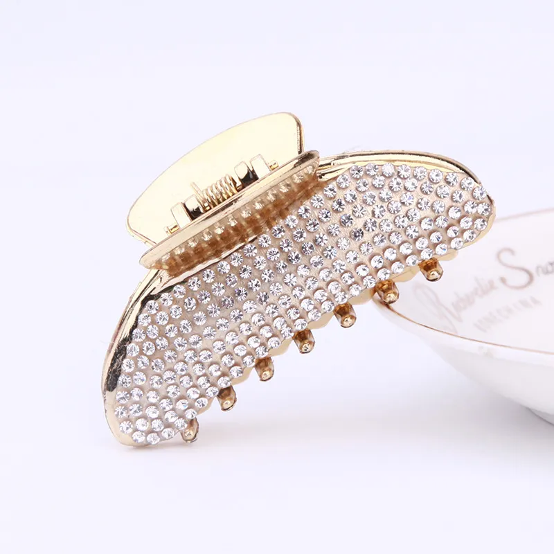 Simple Electroplated Pearl Rhinestone Moon Clip Ingot Claw Medium Plastic Grip - White Diamond Gold Plating