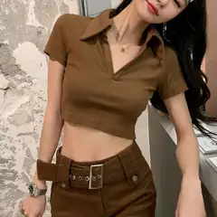 Slim V-neck Short-sleeved T-shirt For Women - Brown - View 1