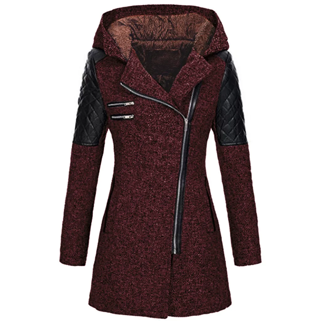 Women Warm Slim Full Zipper Coat Thick Woolen Coat Female Fall Winter Windbreaker Hooded Diagonal Zipper Women's Clothing - Plush Wine Red