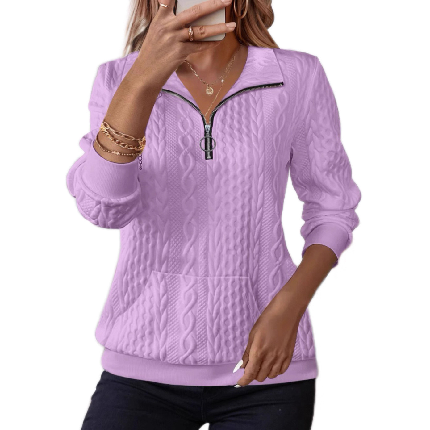 Womens Half-Zip Long-Sleeve Hoodie With A Casual Turn-Down Collar
