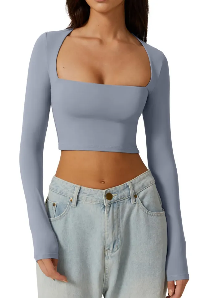 Slimming Base Top With A Square Neckline And A Cropped Design Blue - Shop at LoveMi