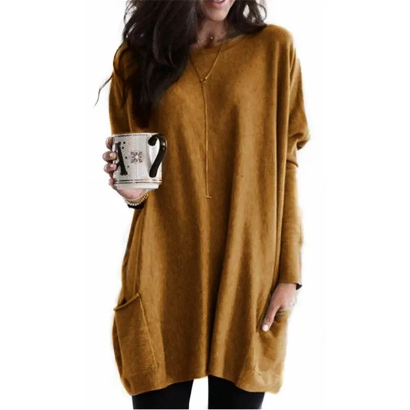New Autumn Long Sleeve Casual Pocket T-shirt Top For Women - Yellow