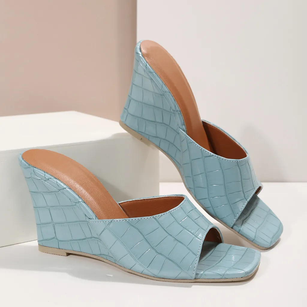 Women's Wedge Sandal One-strap Roman-style Plaid Textured Sandals - Blue