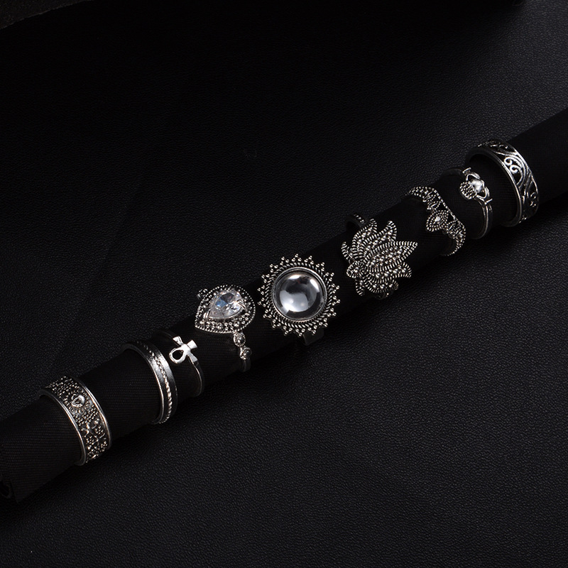 Retro Ethnic-Style Joint Ring Set Of 9 With Bold Gemstone Combinations