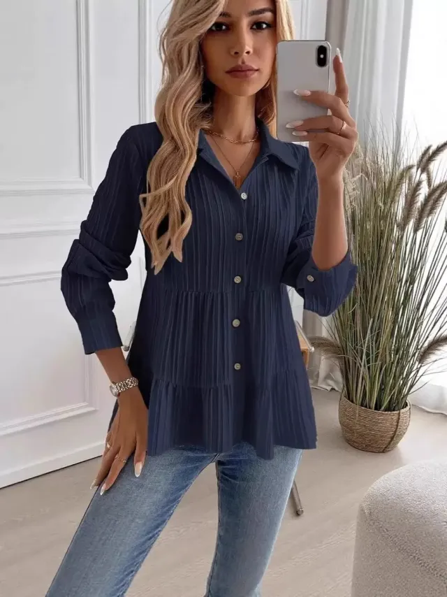 Women's Casual Versatile Long Sleeve Shirt Navy Blue - Shop at LoveMi