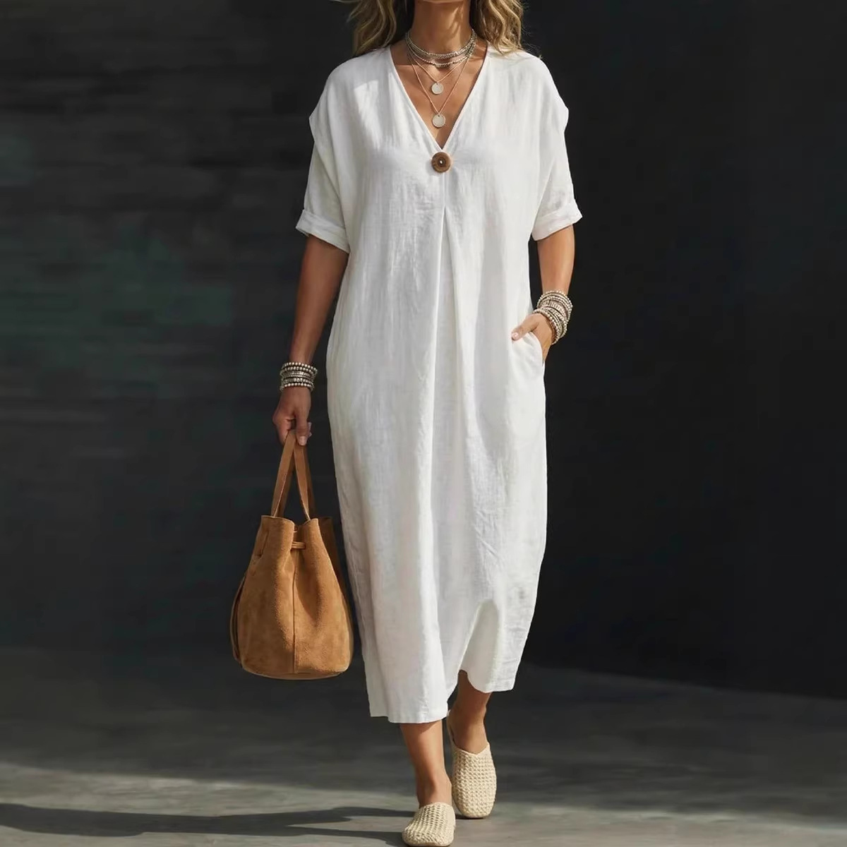 Women's V-neck Single-button Short-sleeve Dress