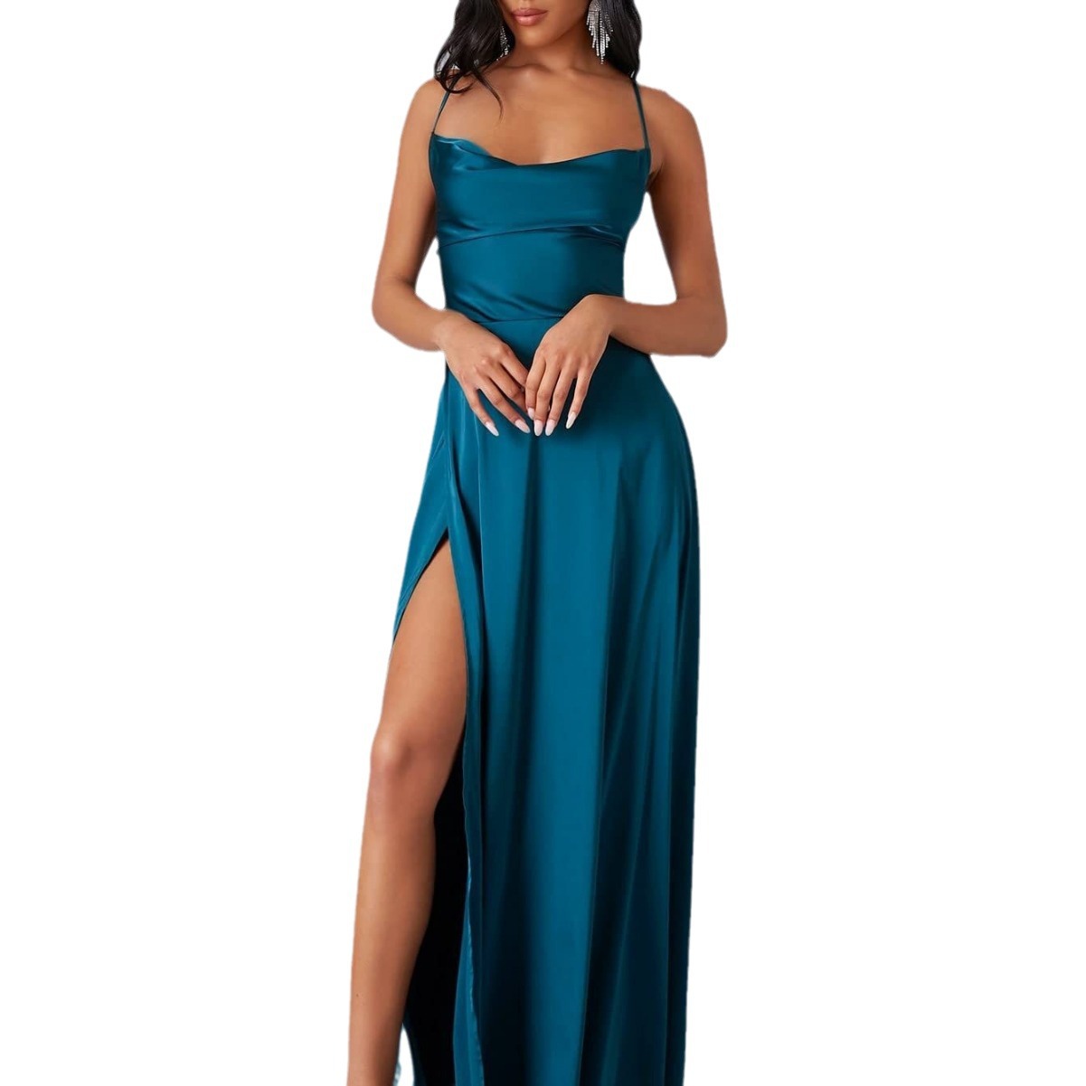 Summer Sexy Slimming Backless Strap Long Split Dress Women's Fashion High Waist Belted Gown V-neck - Image 8