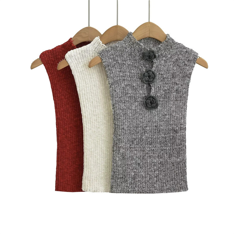 Stand Collar Flower Decorative Design Knitted Vest Cute Youth-looking Slim Fit Sleeveless Top