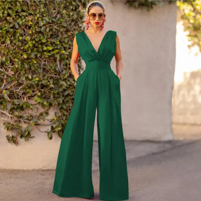 Solid Color And V neck High Waist Wide Leg Jumpsuit Green - Shop at LoveMi