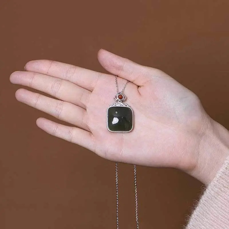 Natural Auspicious Clouds Ruyi Square Plate Inlaid S925 Sterling Silver Pendant
