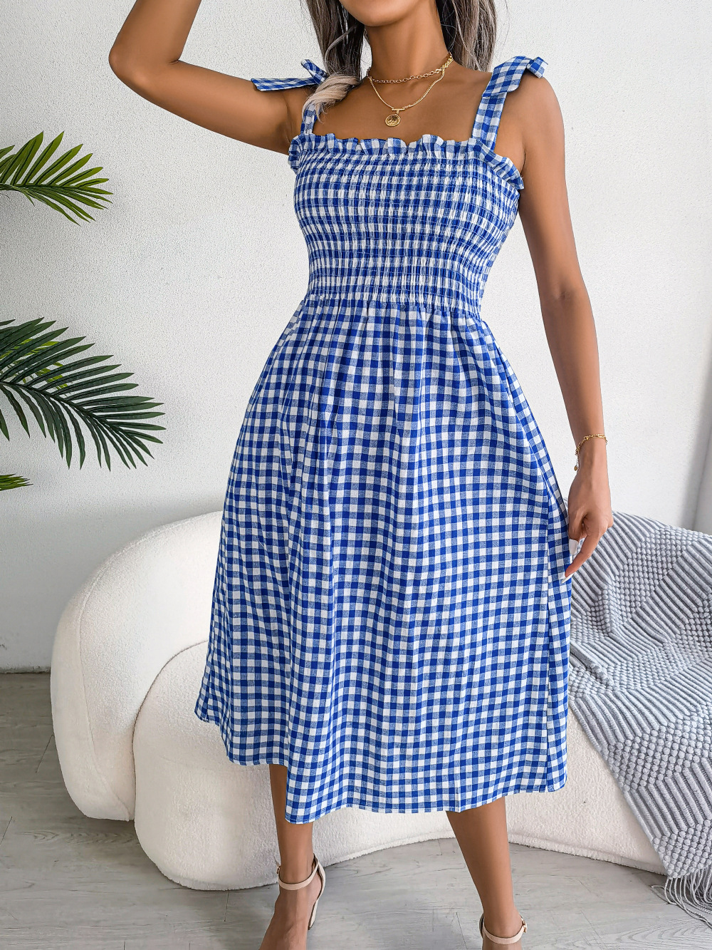 Casual Lace Up Color-contrast Check Skirt Mid-length Dress