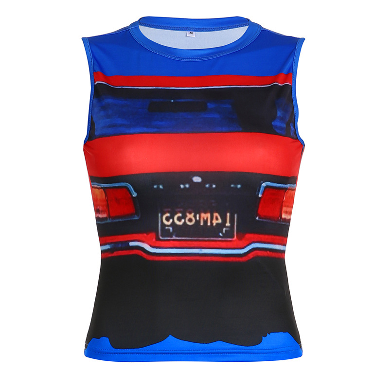 Street Cool Motorcycle Hot Girl Style Irregular Color Matching Printing Slim Fit Sleeveless Vest Color S - Shop at LoveMi