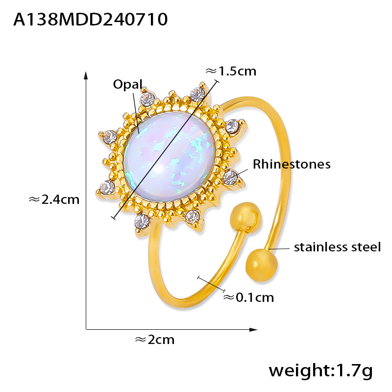 European And American Gem Rhinestone Ring Special Interest Light Luxury Open Adjustable Stainless Steel 18K Gold Plating