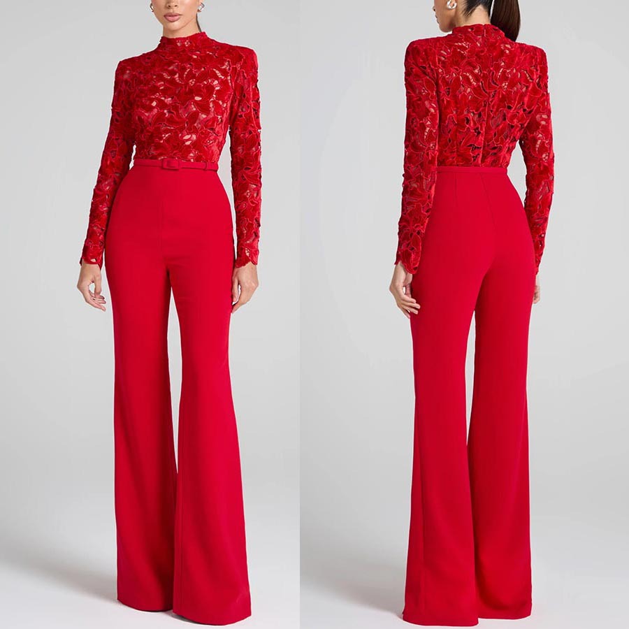 Long-sleeve Belted Jumpsuit With Flared Pants