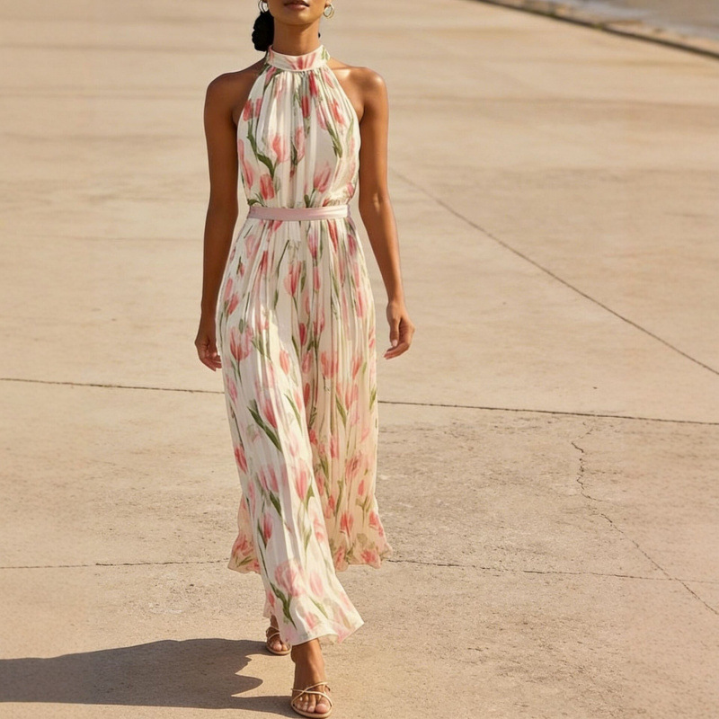 Womens Swing-Style Halterneck Printed Dress