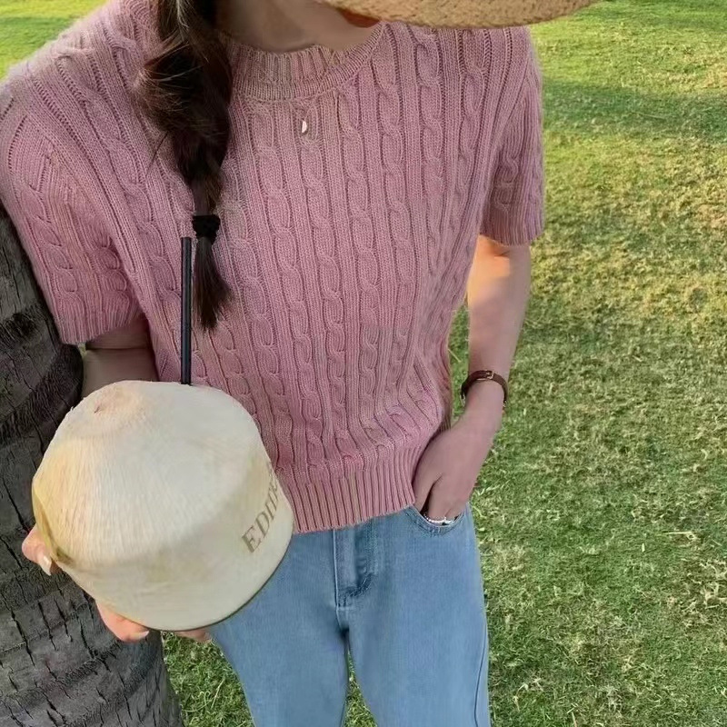 Retro Cable-Knit Crew-Neck Short-Sleeve Knit T-Shirt For Summer