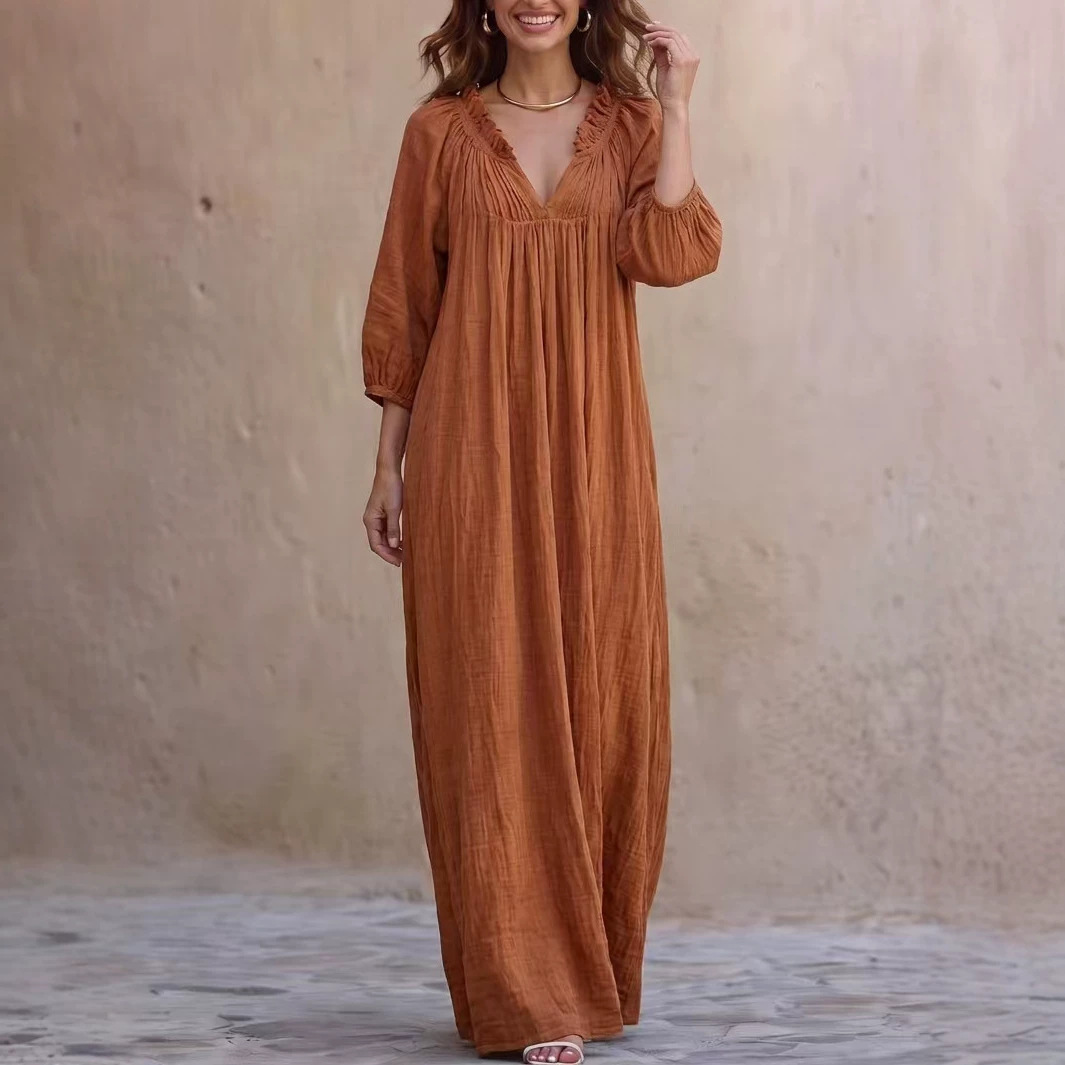 V-neck Lantern Sleeve Vacation Style Long Cover Dress