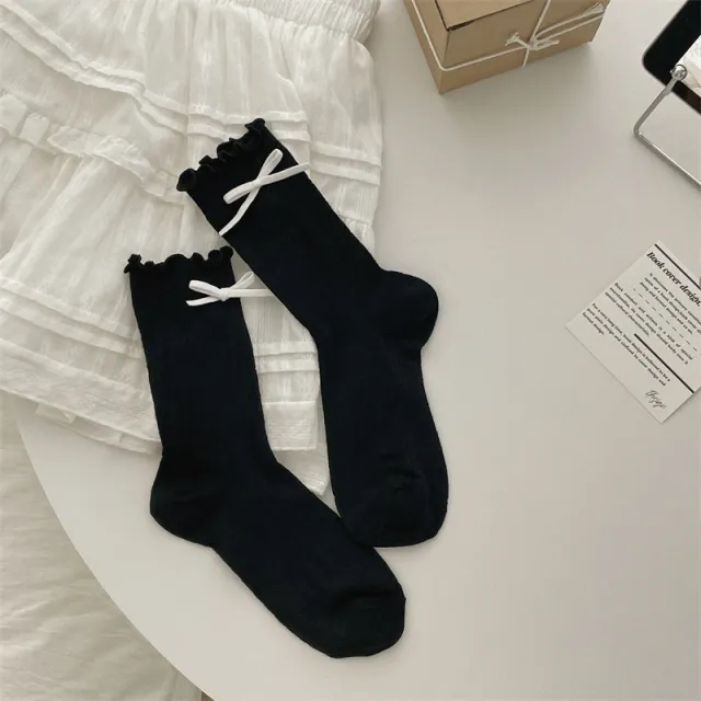 Thin Mesh Solid Color Bow Mid calf Length Loose Socks Breathable Sweat Absorbing Black - Shop at LoveMi
