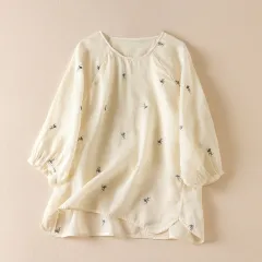 Cotton And Linen Thin Embroidery Loose Shirt - Apricot - View 1