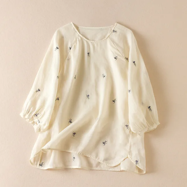Cotton And Linen Thin Embroidery Loose Shirt Apricot - Shop at LoveMi