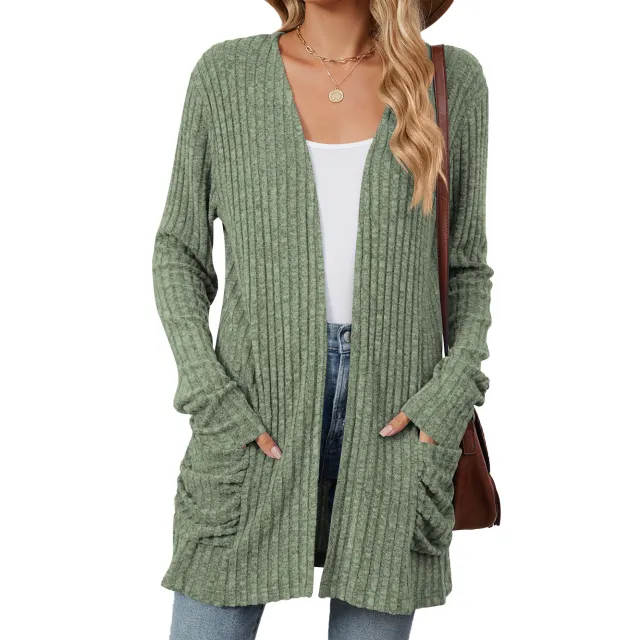 Solid Color Pocket Long Sleeve Bottoming Cardigan Knitwear Army Green - Shop at LoveMi