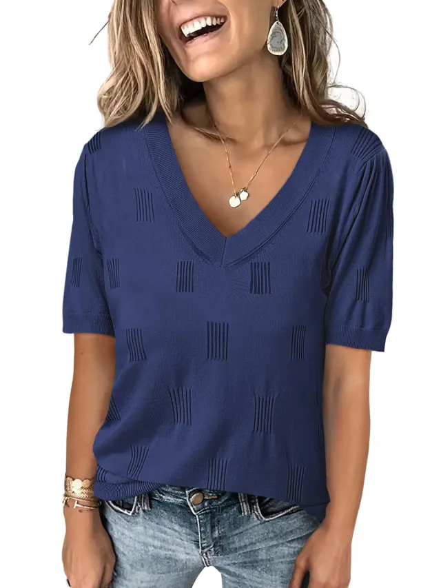 V neck Lightweight Thin Knit Sweater With Short Sleeves Dark Blue - Shop at LoveMi