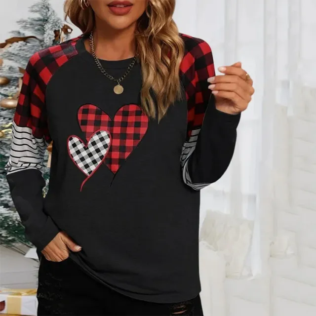 Women's Round Neck Long sleeved Sweater Women's Plaid Black - Shop at LoveMi