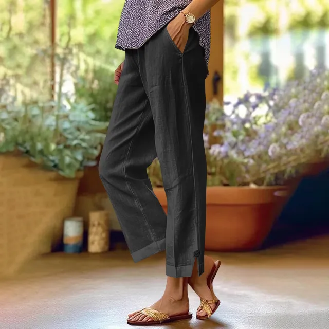 Cotton And Linen Loose Pure Color Elastic Waist Pocket Straight Casual Pants Black - Shop at LoveMi
