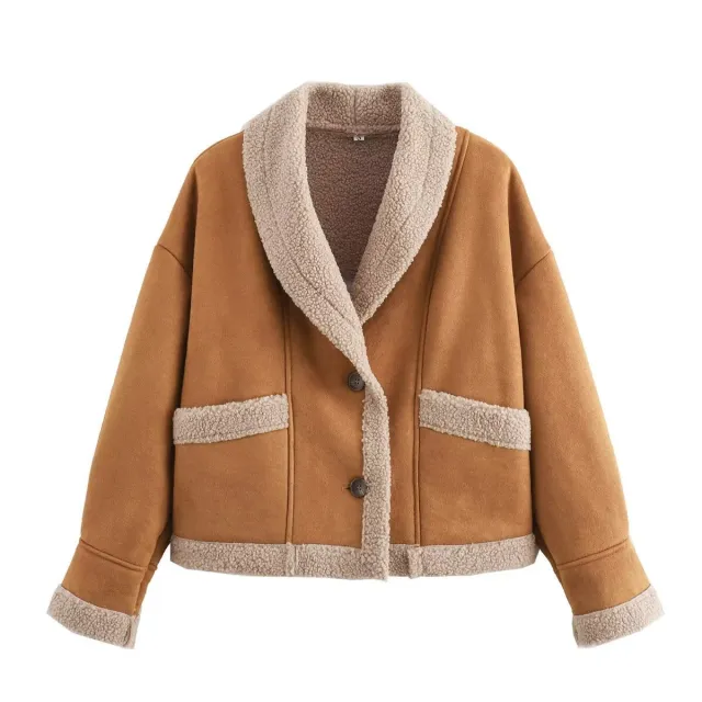 Lapel Woolen Coat With Pockets Winter Fashion Loose Suede Short Top Women's Clothing Chocolate L - Shop at LoveMi