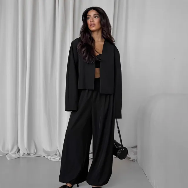 Simple White V neck Top And Trousers Loose Leisure Suit Black - Shop at LoveMi
