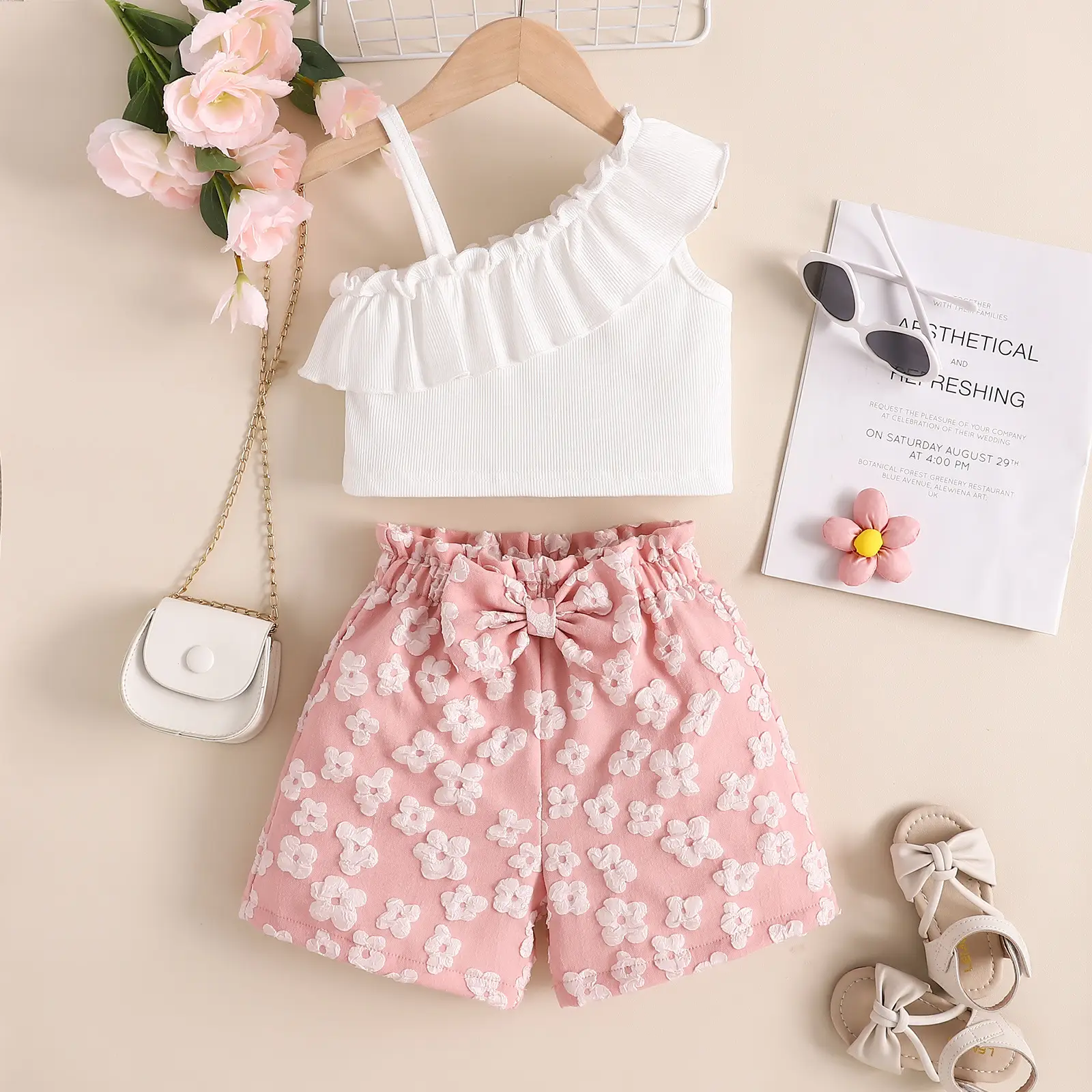 Women's Summer Oblique Shoulder Tops Flower Shorts Suit