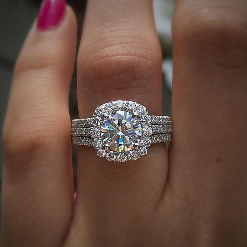 Square Cut Cubic Zirconia Full Pave Engagement Ring - Women's Luxury Halo Setting Proposal Band