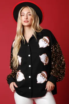 Women's Long-sleeved Button Fleece Shirt Sequined Sleeve Coat - Black - View 1
