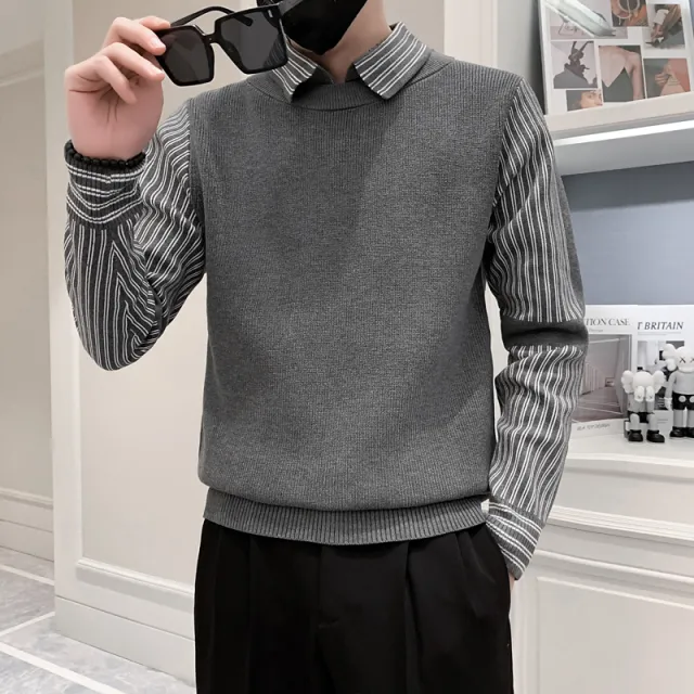 Fake Two Pieces Sweaters Men's Base Knitting Gray - Shop at LoveMi