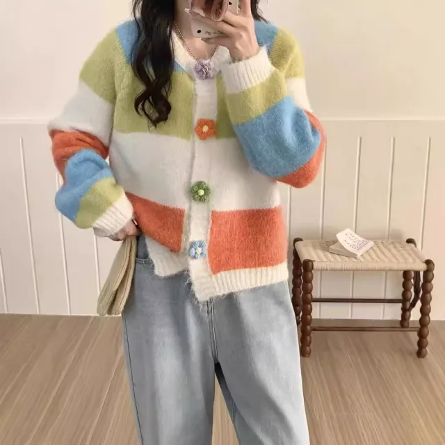 Rainbow Striped Floral Buckle Knitted Cardigan Coat For Women Blue Orange - Shop at LoveMi
